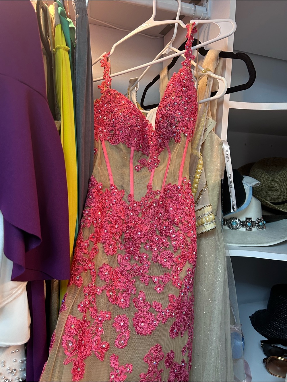 Sherri Hill Pink Lace Appliqué High-Low Evening Dress